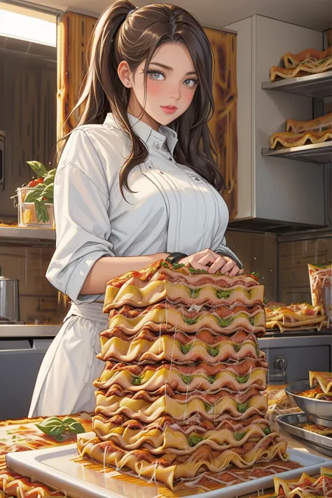 anime girl with a huge stack of food in a kitchen