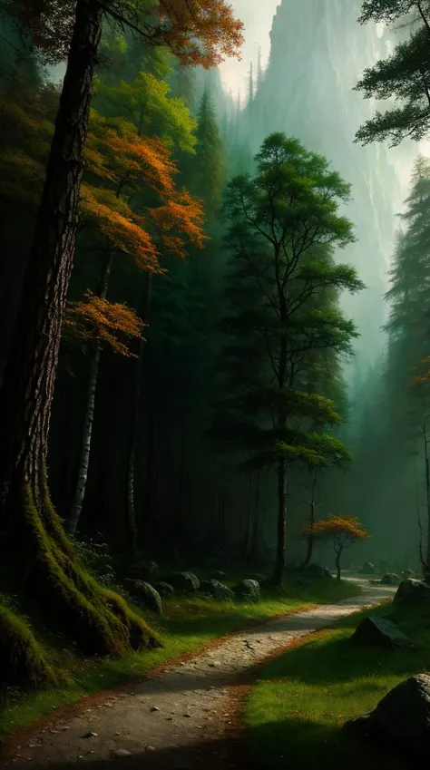 a painting of a forest with a path and trees