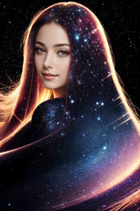 a close up of a woman with long hair and a star background