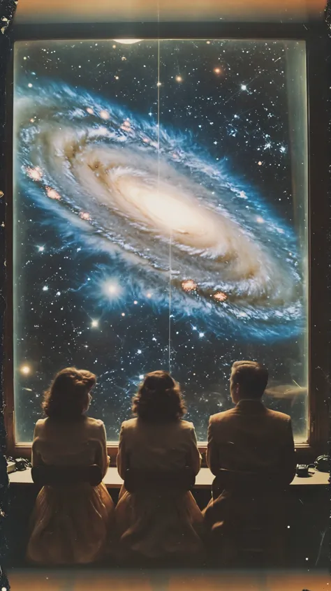 three people sitting in front of a large window looking at a galaxy