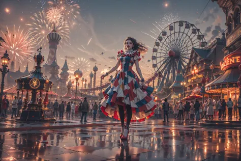 a woman in a clown costume is walking through a carnival park