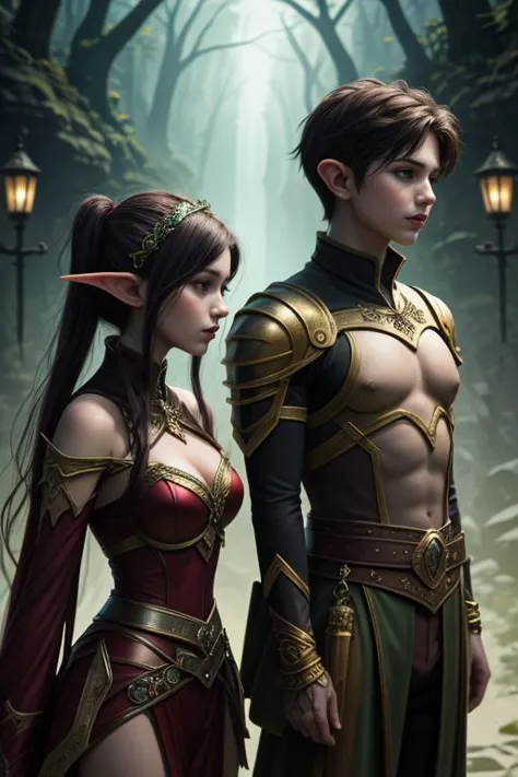 a couple of elves in armor standing next to each other