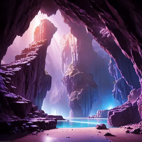 a close up of a cave with a body of water in it