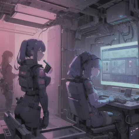 anime characters sitting in a room with a computer and a monitor