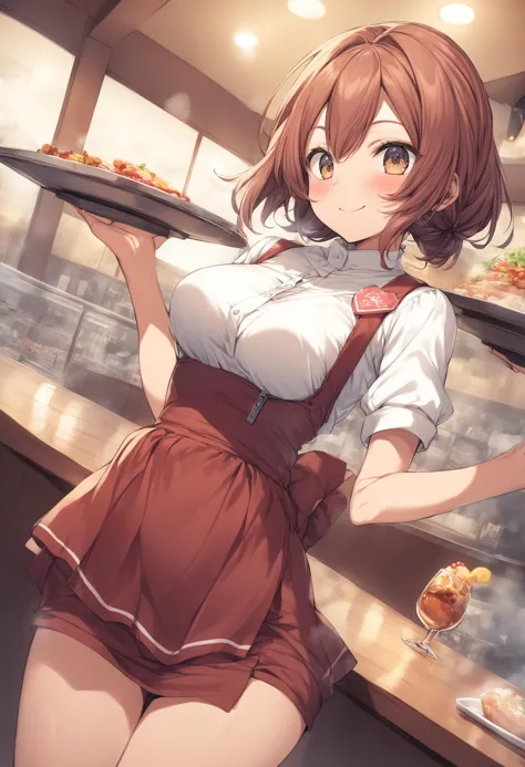 anime girl in uniform holding a tray of food in a bakery