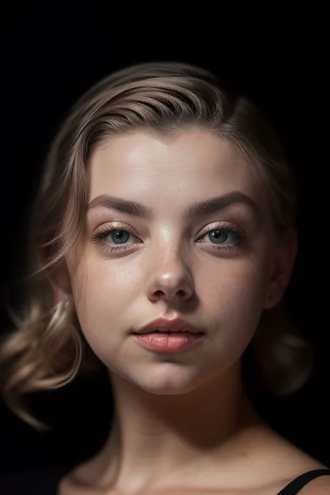 a close up of a woman with a black shirt and a black background