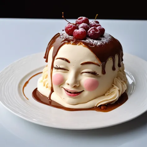 cake female head on pillow smiling, skin made of marzipan, hair made of chocolate, eyes made of caramel, tears from milk cream, ...