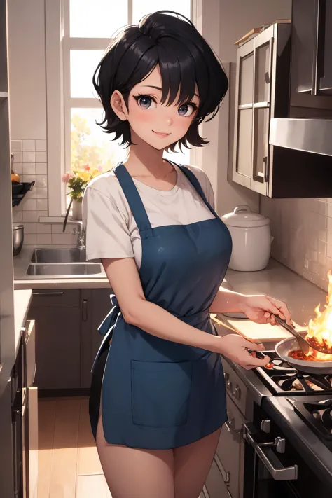 anime girl cooking in the kitchen with a skillet and a pan