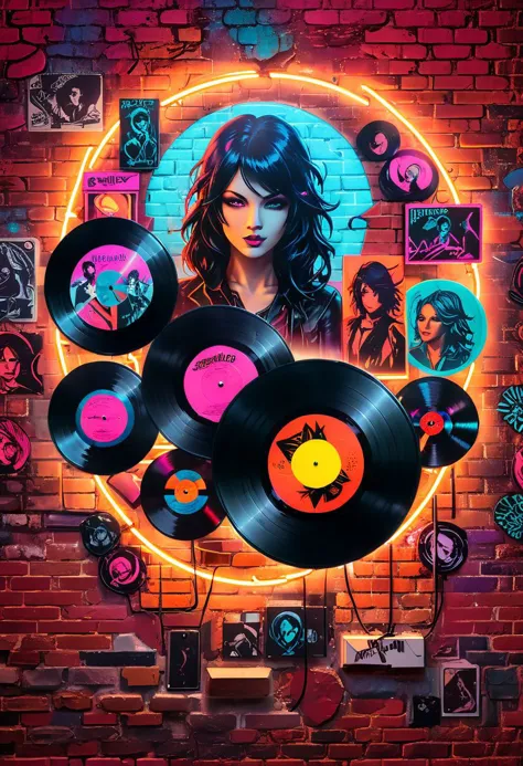 a poster of a woman with vinyl records on a brick wall