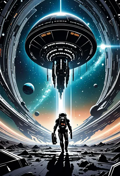 a poster of a man standing in front of a spaceship