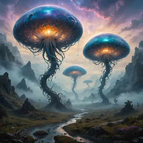 a painting of three jelly like mushrooms floating in the air