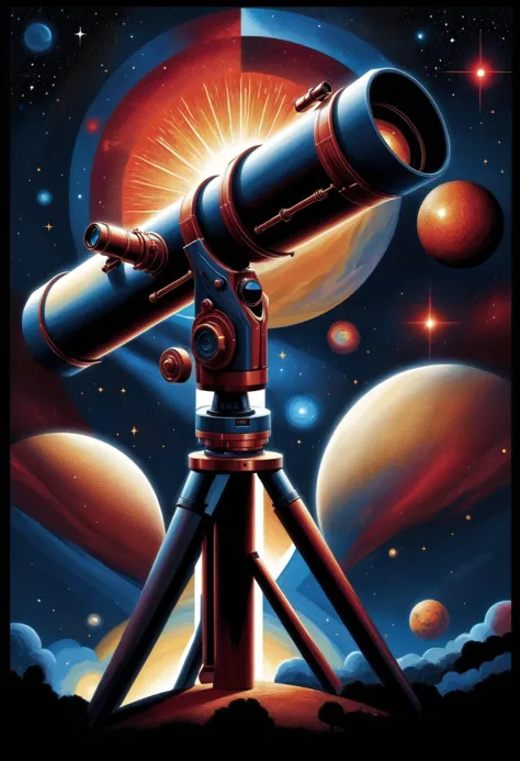 a painting of a telescope on a tripod with planets in the background