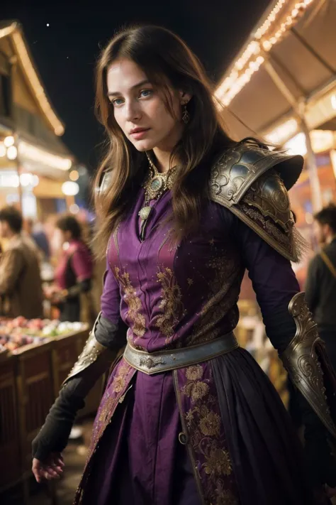 a woman in a purple dress and armor standing in a market