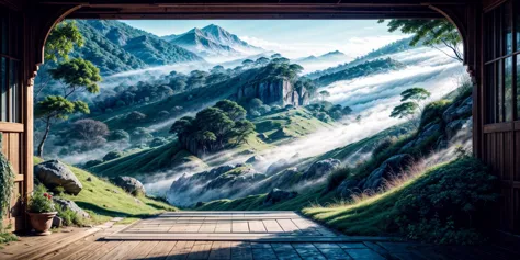 a view of a mountain range through an open doorway