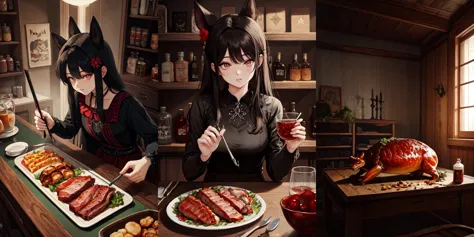 anime characters sitting at a table with plates of food and drinks