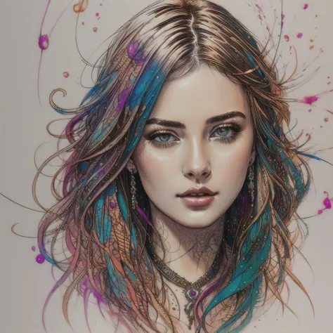 a painting of a woman with colorful hair and a necklace