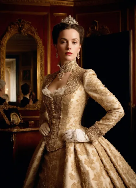 a woman in a gold dress and tiable standing in a room