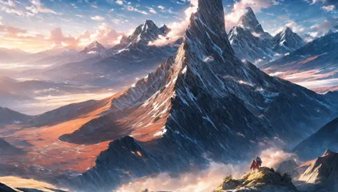 mountains with a person standing on a mountain top with a sky background