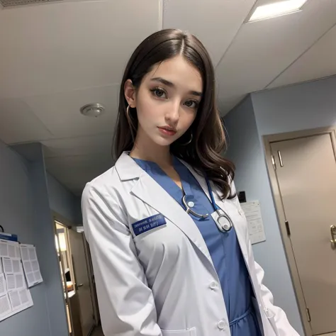 a close up of a woman in a white lab coat and blue scrubs