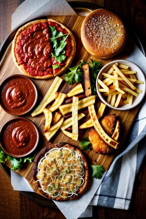 a wooden tray with a variety of food on it