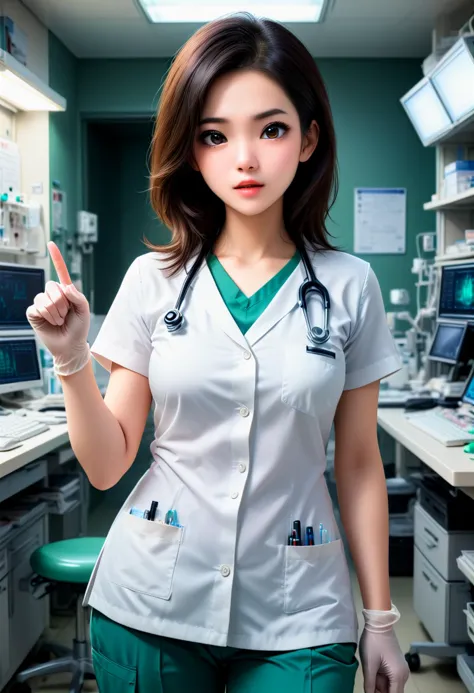 (medium full shot) of (esthetic doctor) young woman, chinese, dark eyes, fair skin, petite, dark straight and shoulder-length ha...