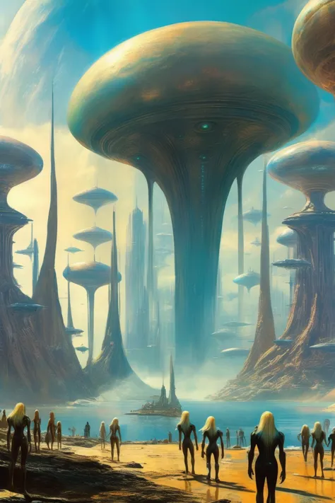 a painting of a group of people walking on a beach near a futuristic city