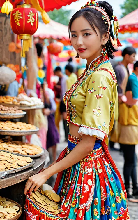 araffe woman in a colorful dress standing in front of a display of cookies