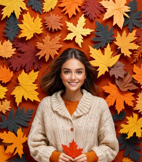 a beautiful woman, cozy autumn themed starburst, radiating, color burst, autumn, fall decor, autumn elements