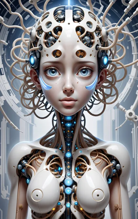 a close up of a woman with a robot head and a machine