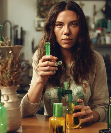 arafed woman holding a bottle of green liquid in front of a table