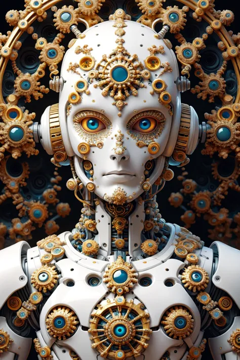 a close up of a robot with a head of gears and a clock