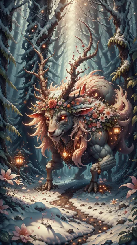 a painting of a horned animal with flowers on its head