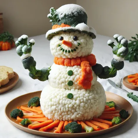 there is a snowman made of cauliflower and carrots on a plate