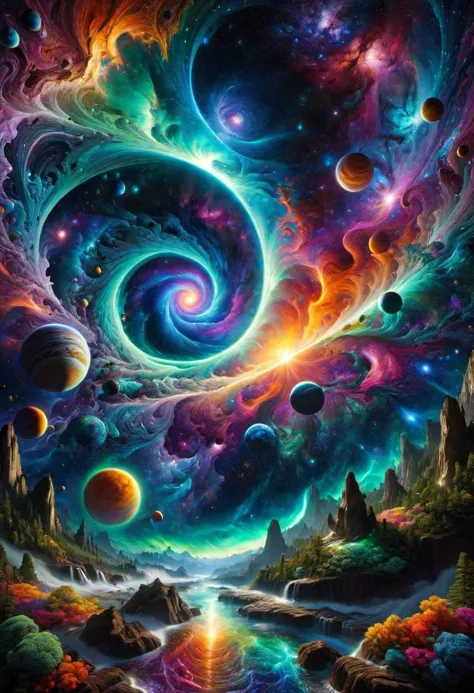 a painting of a spiral vortex with planets and stars