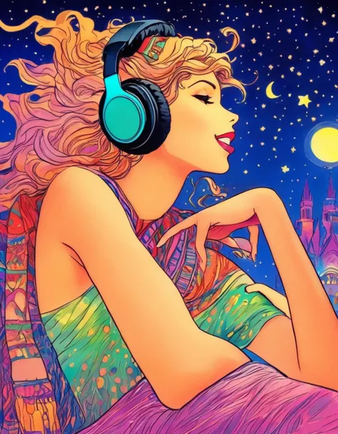 a close up of a woman with headphones on sitting on a bed