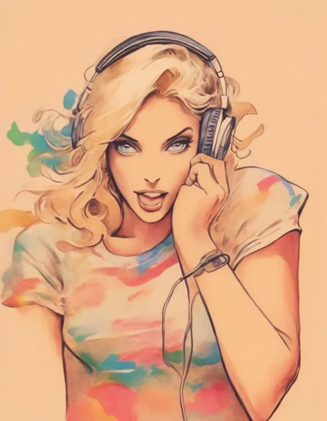 a drawing of a woman with headphones on her head