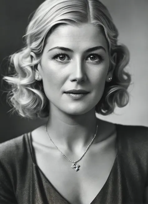 a black and white photo of a woman with a necklace