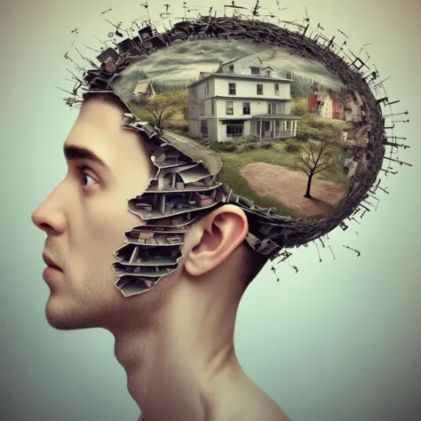 arafed man with a house in his head with a house in the middle