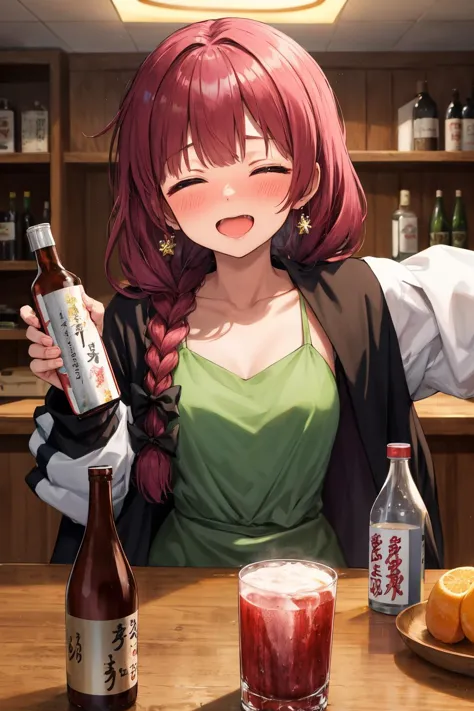 anime girl with red hair holding a bottle of alcohol and a glass of soda