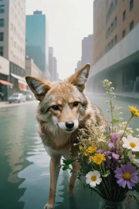 there is a dog standing next to a vase of flowers