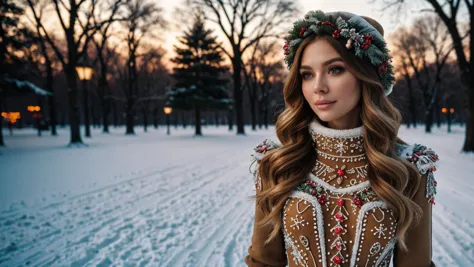 arafed woman in a gingerbread dress standing in the snow