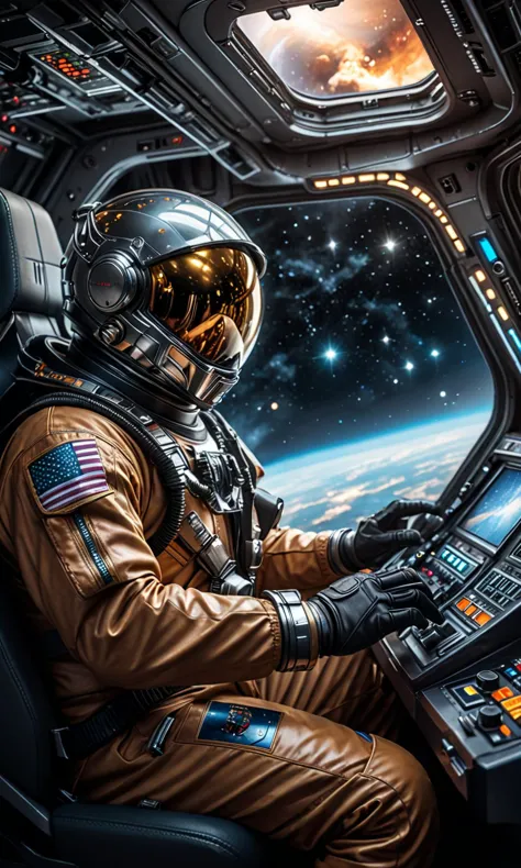 a close up of a person in a space suit sitting in a space station