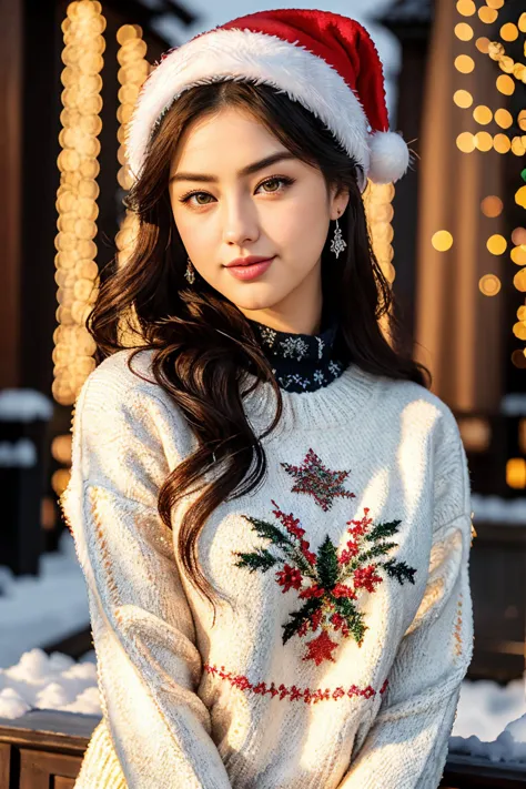 a woman wearing a santa hat and sweater posing for a picture