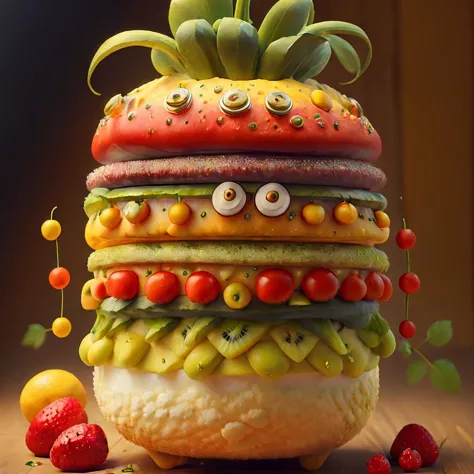 a close up of a sandwich with fruit and vegetables on top