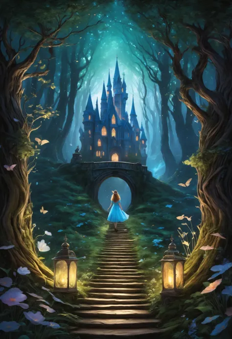 a painting of a princess walking up a set of stairs in a forest