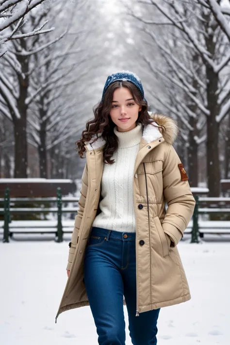 a woman in a coat and hat standing in the snow