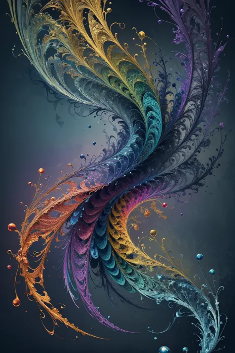 a colorful bird with a swirly tail and a lot of bubbles