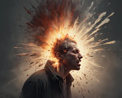 a man with a large explosion of fire coming out of his head