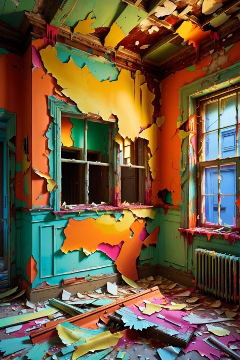 a close up of a room with a broken window and a radiator