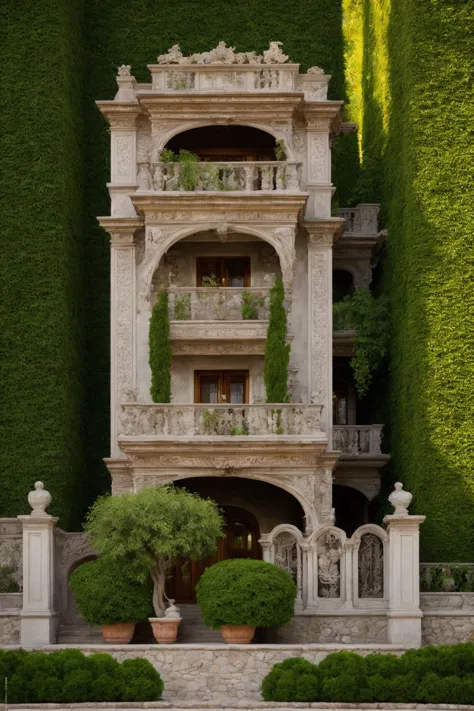 arafed building with a fountain and a garden in front of it